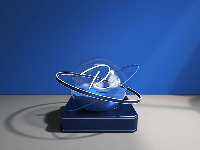 Modern Decorative Ornament Set With Transparent Sphere Metal Rings And Blue Base On Blue Background 3d model