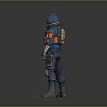 Futuristic Hooded Character In Blue Orange Tactical Outfit Holding Rifle And Combat Knife