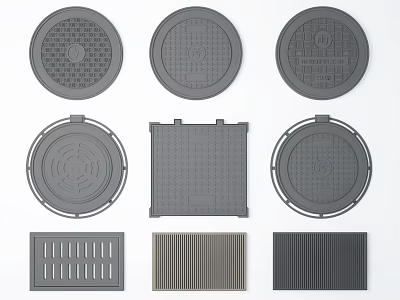 Different Types Road Facilities Featuring Circular Square Manhole Covers And Grates With Various Designs 3d model