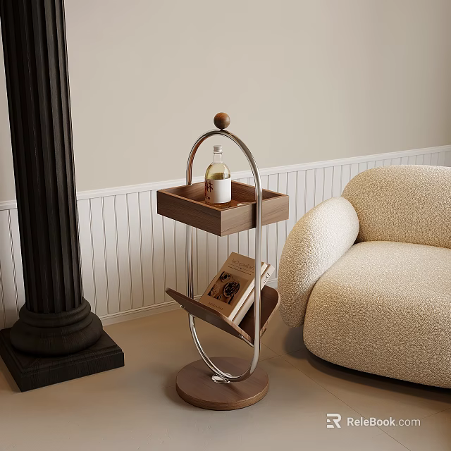 Modern Wooden Serving Cart With Bottle And Book Next To Beige Sofa 3d model 