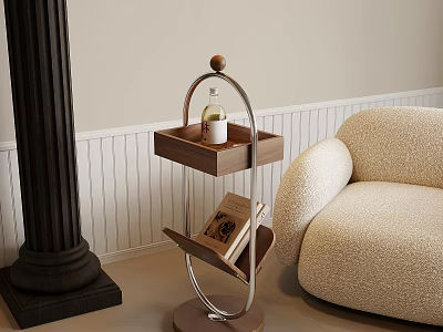Modern Wooden Serving Cart With Bottle And Book Next To Beige Sofa 3d model