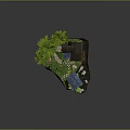 Cartoon Scenic Island With Small House Green Trees Stone Path And Blue Roof Pavilion