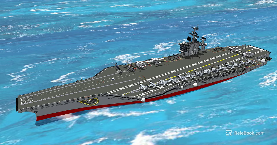 Aircraft Carrier Sailing on Blue Sea with Planes on Deck and Island Structure 3d model 