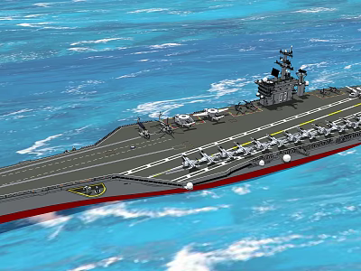Aircraft Carrier Sailing on Blue Sea with Planes on Deck and Island Structure 3d model