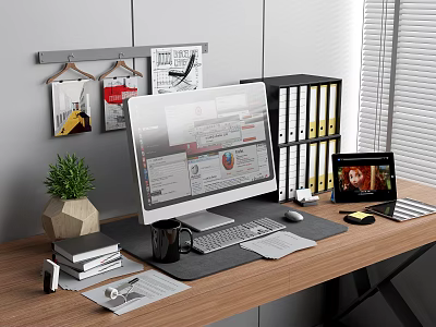 Organized Home Office Workspace With Wooden Desk Computer Monitor Laptop File Folders And Potted Plant 3d model