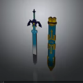 Fantasy Swords with Blue Blades Gold Accents and Decorative Hilts 3D Rendered Design