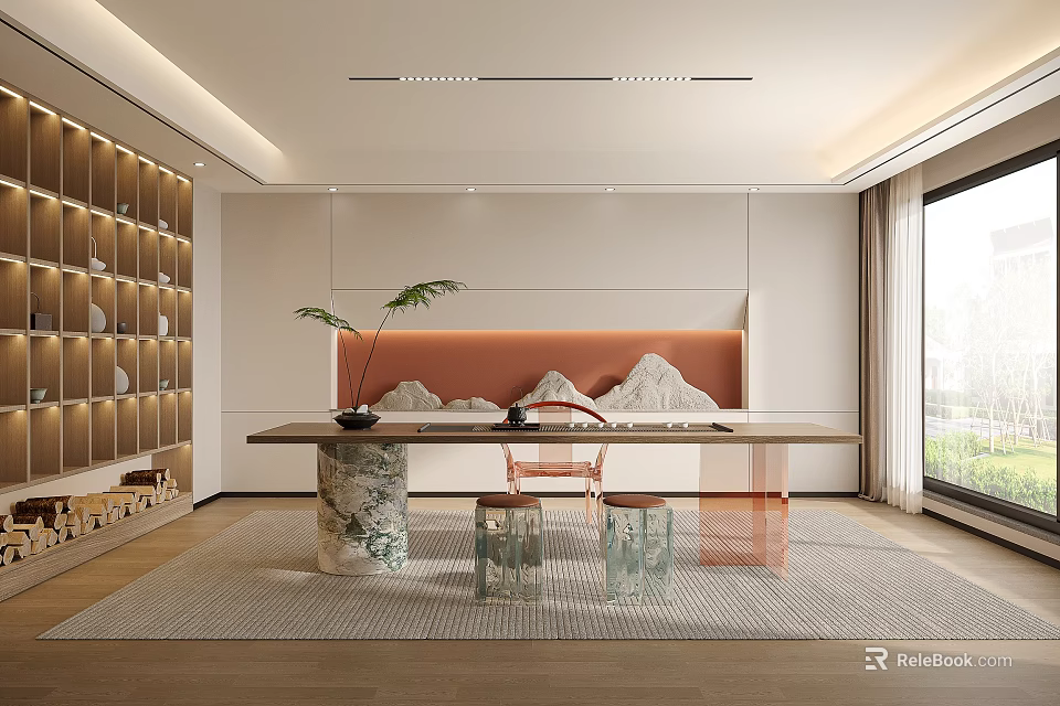 Modern Tea Room Interior With Long Table Greenery And Mountain Accent 3d model