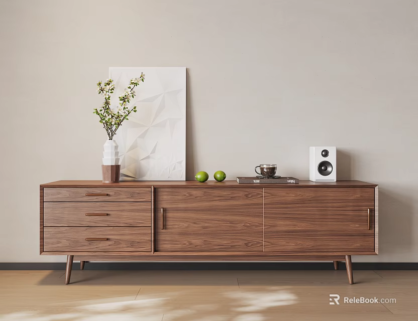 Modern Walnut TV Stand with Vase Plant Green Apples Coffee Cup Speaker and Wall Art 3d model 