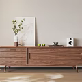 Modern Walnut TV Stand with Vase Plant Green Apples Coffee Cup Speaker and Wall Art