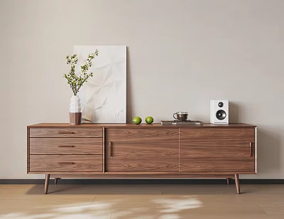 Modern Walnut TV Stand with Vase Plant Green Apples Coffee Cup Speaker and Wall Art 3d model