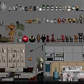 Various Stuffed Dolls Arranged On Shelves In Room Interior With Different Characters And Decor