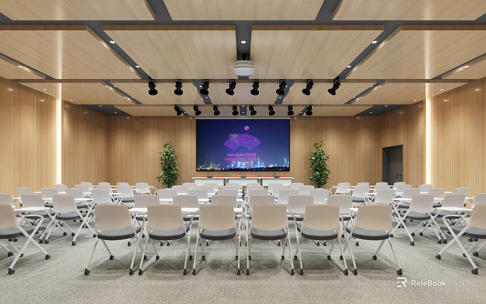 Modern Conference Room Interior With White Folding Chairs City Night View Screen And Green Plants 3d model 
