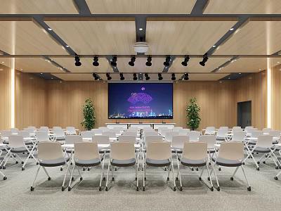 Modern Conference Room Interior With White Folding Chairs City Night View Screen And Green Plants 3d model