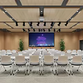 Modern Conference Room Interior With White Folding Chairs City Night View Screen And Green Plants