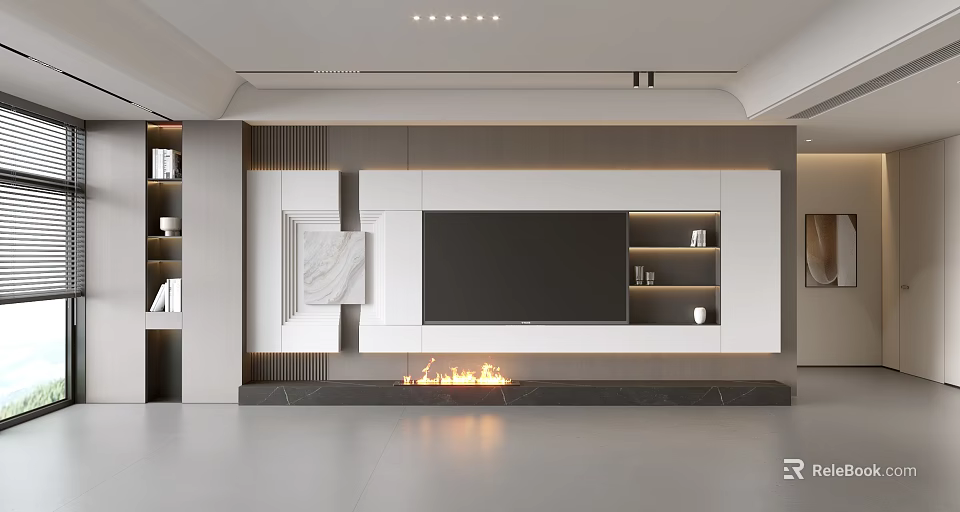 Modern TV Stand Design With White Structure Fireplace And Storage Shelves 3d model