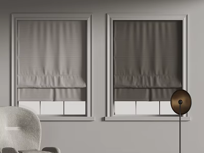 Grey Window Curtains With Pleated Design On White Framed Windows And Modern Interior 3d model