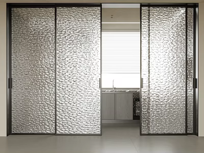 Modern Kitchen Sliding Doors With Textured Glass And Black Frame 3d model