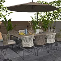 Outdoor Patio Table And Chairs Set With Umbrella Plants Wooden Wall Stone Floor