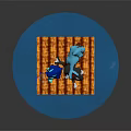 Floating Blue Cartoon Characters and Gray White Cat Standing on Wooden Platform with Bubbles