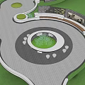 Park Landscape With Circular Seating Area Green Trees Colorful Flowers And People Relaxing