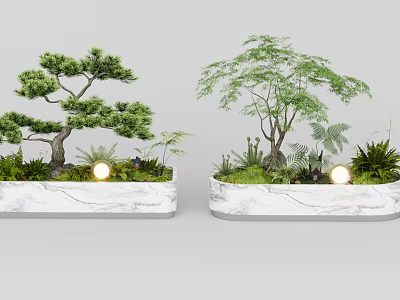 Two Bonsai Plants In Marble Planters With Small Lights And Surrounding Greenery 3d model