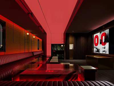 KTV Interior Design With Dark Red Tone Long Sofas Glass Coffee Tables And Wall Decor 3d model