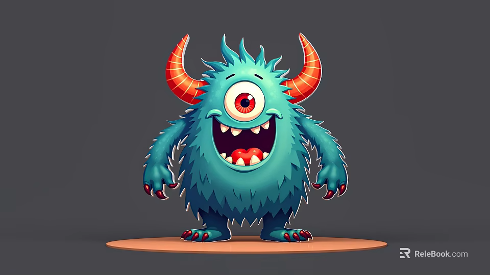Game And Movie Character Blue Fluffy Monster With Red Horns Big Eye And Sharp Teeth 3d model 