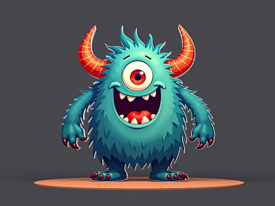 Game And Movie Character Blue Fluffy Monster With Red Horns Big Eye And Sharp Teeth 3d model