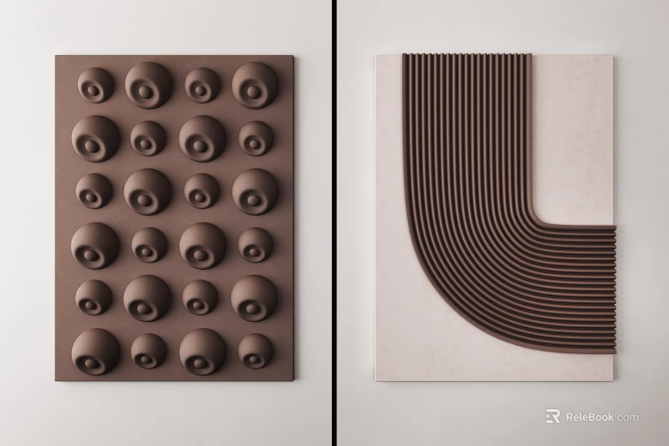 Modern Brown And Beige Wall Decor With Textured Circular Patterns And Curved Lines 3d model