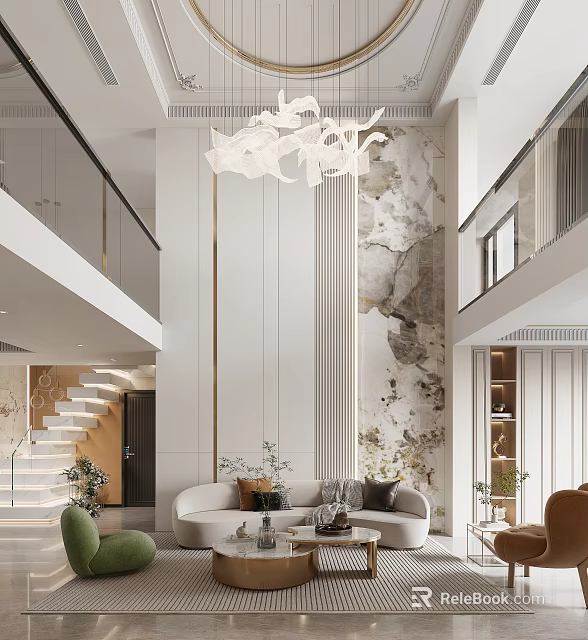 Modern Duplex Living Room With Staircase Chandelier Sofa And Decorative Wall 3d model 