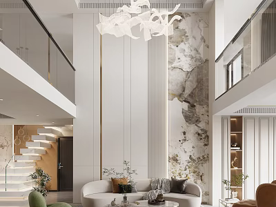 Modern Duplex Living Room With Staircase Chandelier Sofa And Decorative Wall 3d model