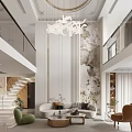Modern Duplex Living Room With Staircase Chandelier Sofa And Decorative Wall