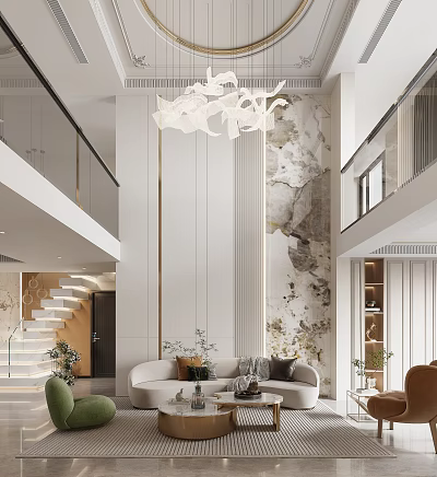 Modern Duplex Living Room With Staircase Chandelier Sofa And Decorative Wall 3d model