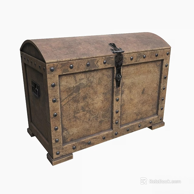 Vintage Wooden Trunk Ornament Display Set With Rivet Details And Metal Lock 3d model 