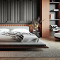 Modern Bedroom Interior With Dark Paneled Walls Wooden Bed Frame Shelves And Area Rug