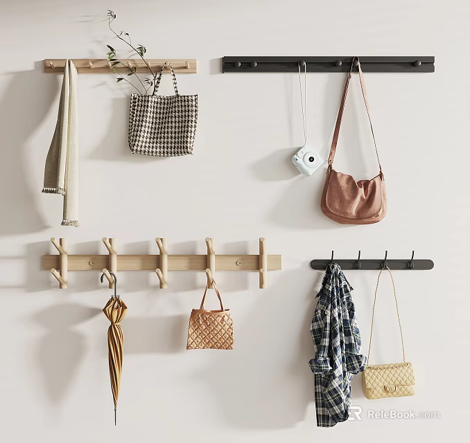 Wooden And Black Wall Hooks For Organizing Hanging Handbags Scarves And Umbrella 3d model 