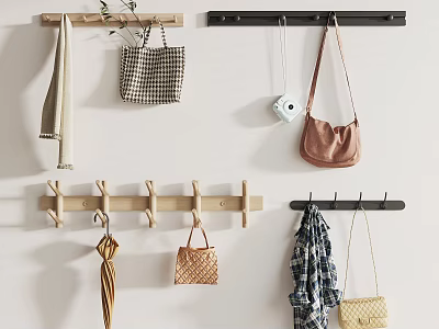 Wooden And Black Wall Hooks For Organizing Hanging Handbags Scarves And Umbrella 3d model