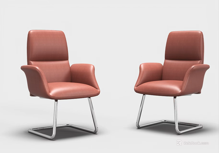 Pair of Red Leather Office Chairs with Armrests and Modern Metal Frame Design 3d model 