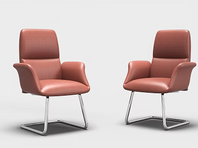 Pair of Red Leather Office Chairs with Armrests and Modern Metal Frame Design 3d model