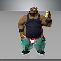 Cartoon Bear Character Wearing Blue Tank Top Holding Yellow Bottle With Green Floral Pants