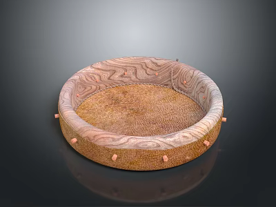 Round Woven Household Mat With Wooden Pattern Edge And Decorative Studs 3d model