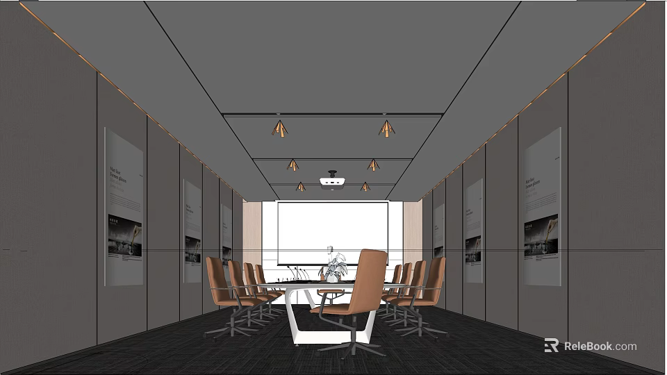 Modern Conference Room Interior With Long Table Chairs Pendant Lights And Large Windows 3d model 