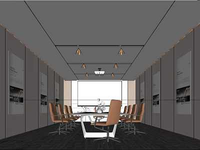 Modern Conference Room Interior With Long Table Chairs Pendant Lights And Large Windows 3d model