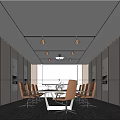 Modern Conference Room Interior With Long Table Chairs Pendant Lights And Large Windows