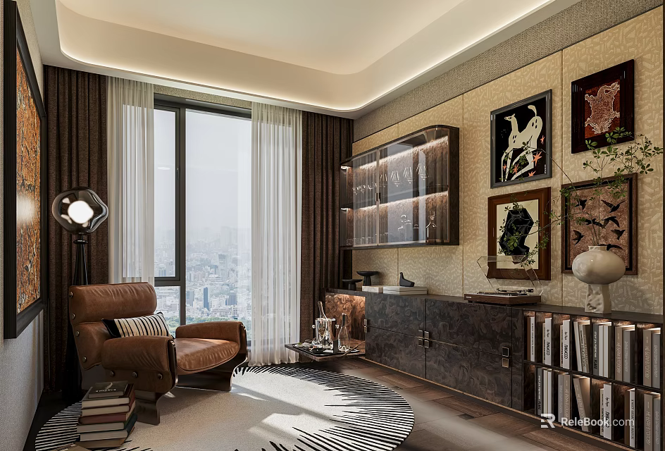 Modern Study Room Interior With Brown Armchair Curtains And Decorative Paintings 3d model 