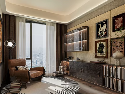 Modern Study Room Interior With Brown Armchair Curtains And Decorative Paintings 3d model