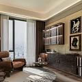 Modern Study Room Interior With Brown Armchair Curtains And Decorative Paintings