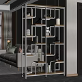 Modern Display Shelf with Wooden Shelves White Frame Green Plants and Decorative Sculptures