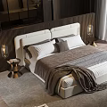 Elegant Double Bed With Pillows And Blanket Beside Bedside Table Lamp Armchair On Gray Rug