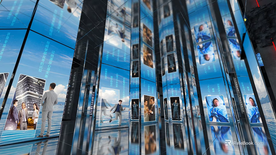 Modern Exhibition Hall With Multiple Large Screens Displaying People And Landscapes On Reflective Floors 3d model 